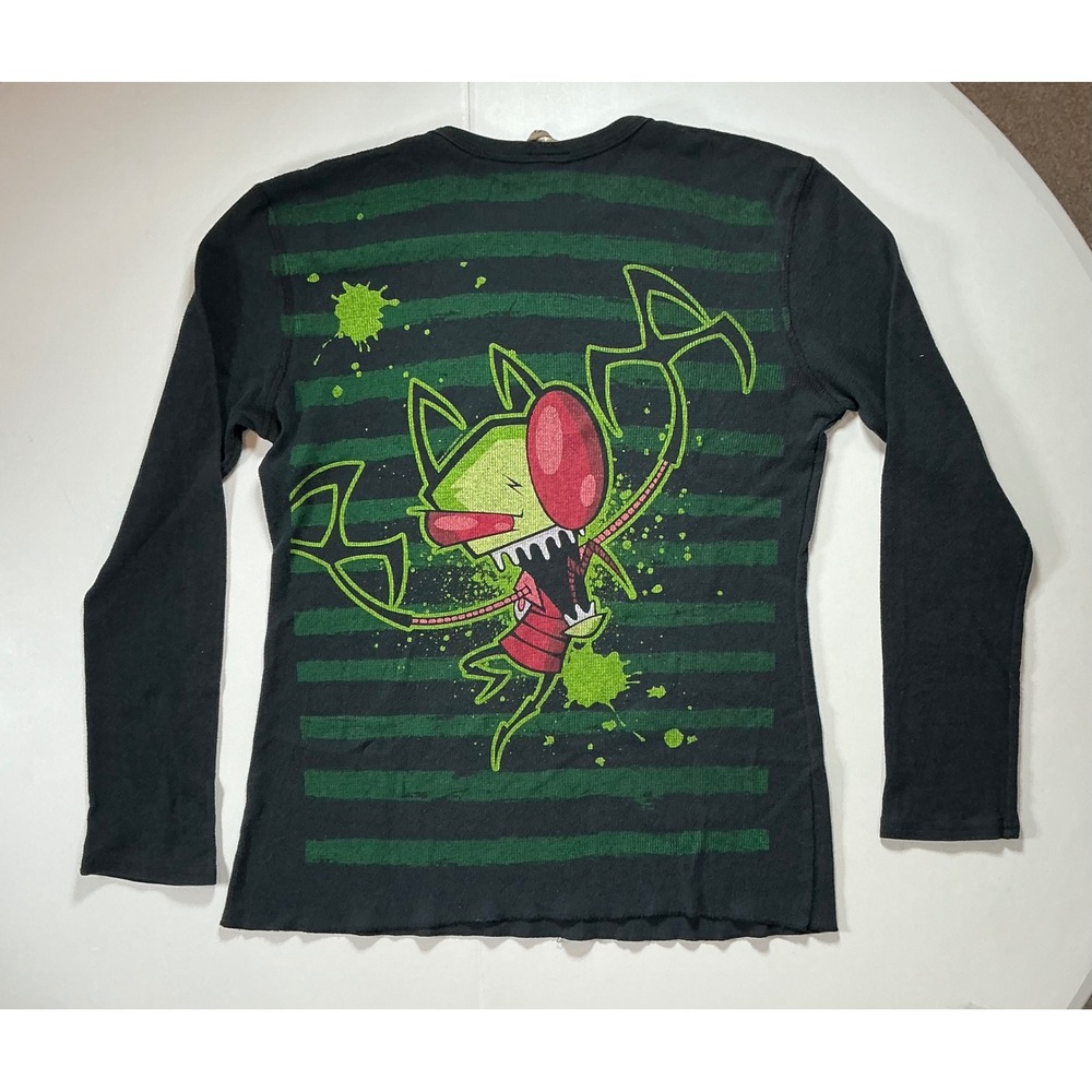 Y2K VTG Invader Zim Mighty Fine Thermal Shirt M Black Green Striped Mall Goth